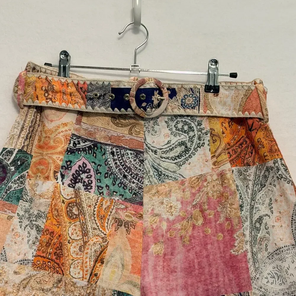 Magaschoni High Waisted Linen Patchwork Paisley Belted Shorts 10 Boho Festival